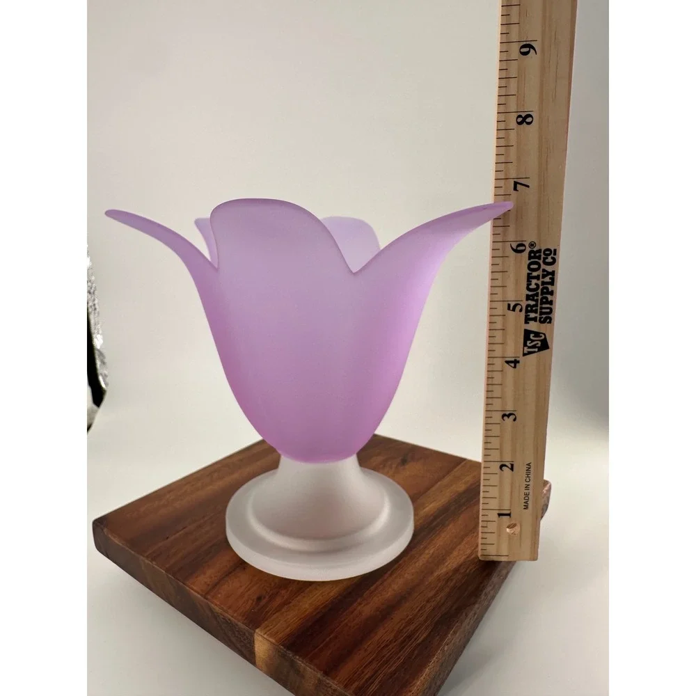 Frosted Purple Glass Tulip Vase Lavender Scalloped Petal Flower Pedestal 6.75